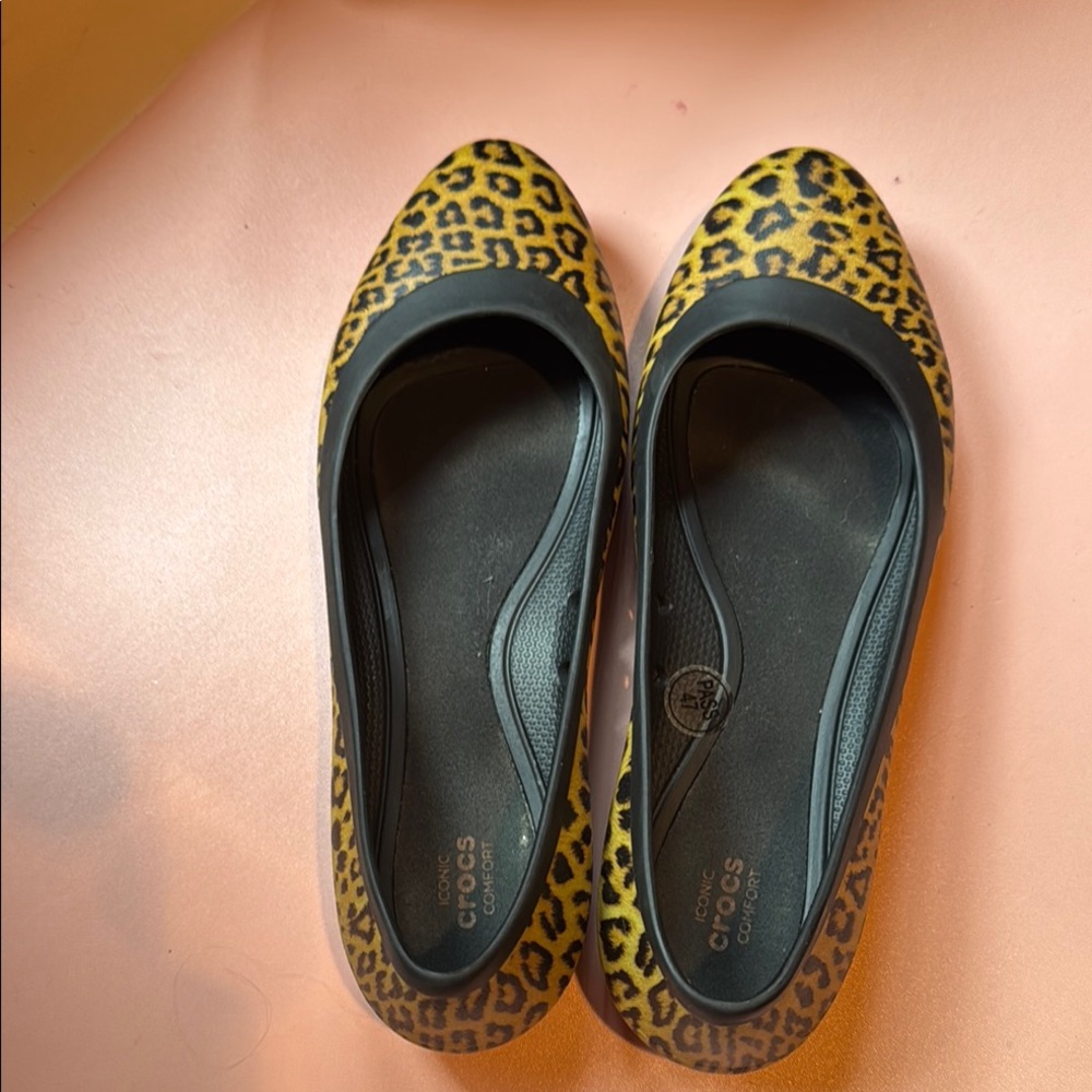 CROCS Yellow and Black Leopard Print Flats